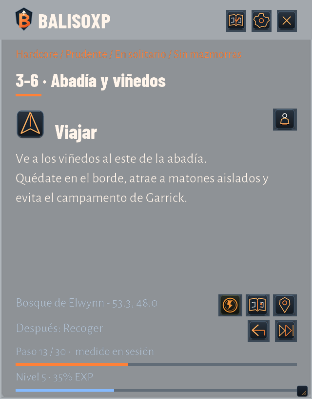 Panel de BalisoXP 0.28 en español, fondo ligero al 38 %, textos nítidos.