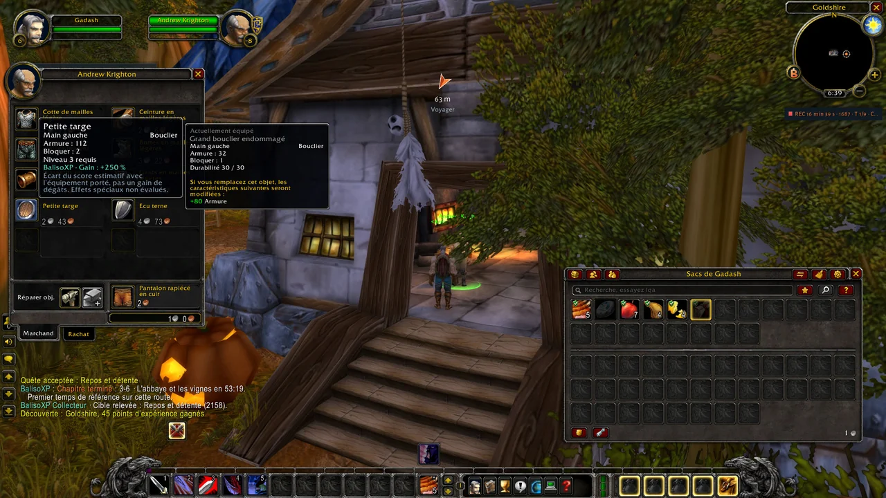BalisoXP equipment advice tooltip at a vendor in Goldshire.