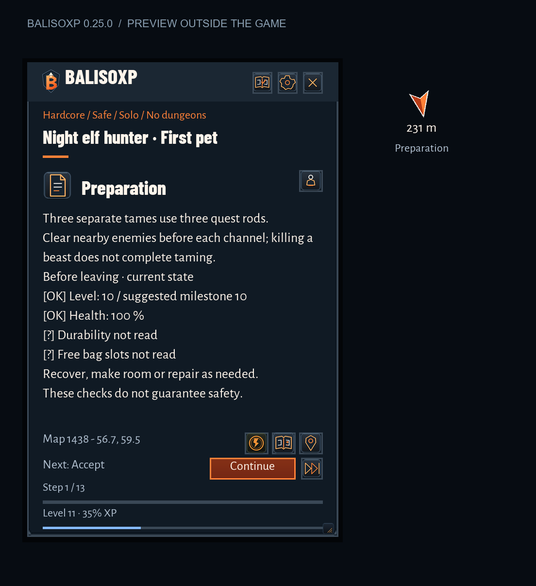Night elf hunter taming module, version 0.25 Alpha simulated outside the game