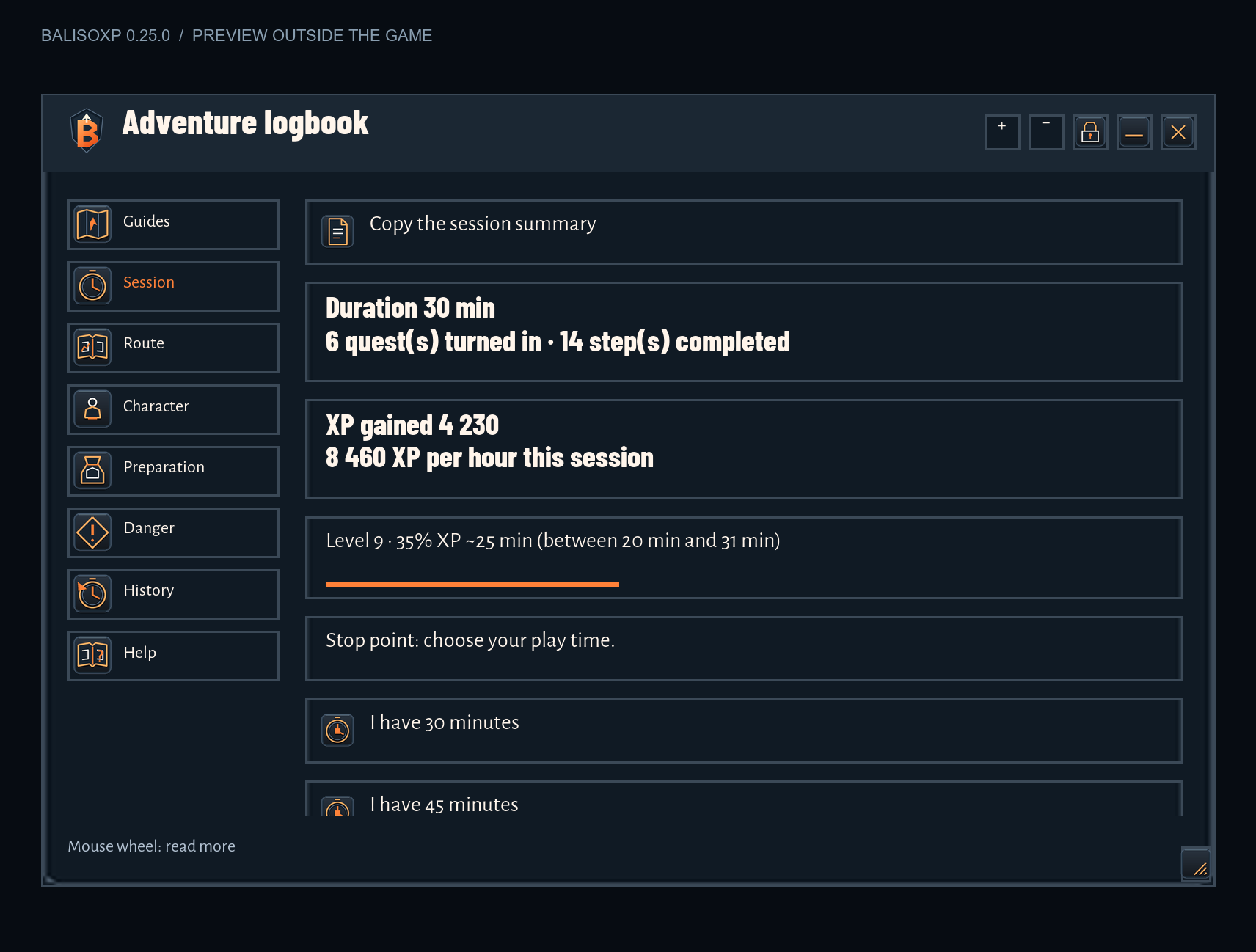 Your pace: BalisoXP 0.25.0 Alpha preview rendered outside the game