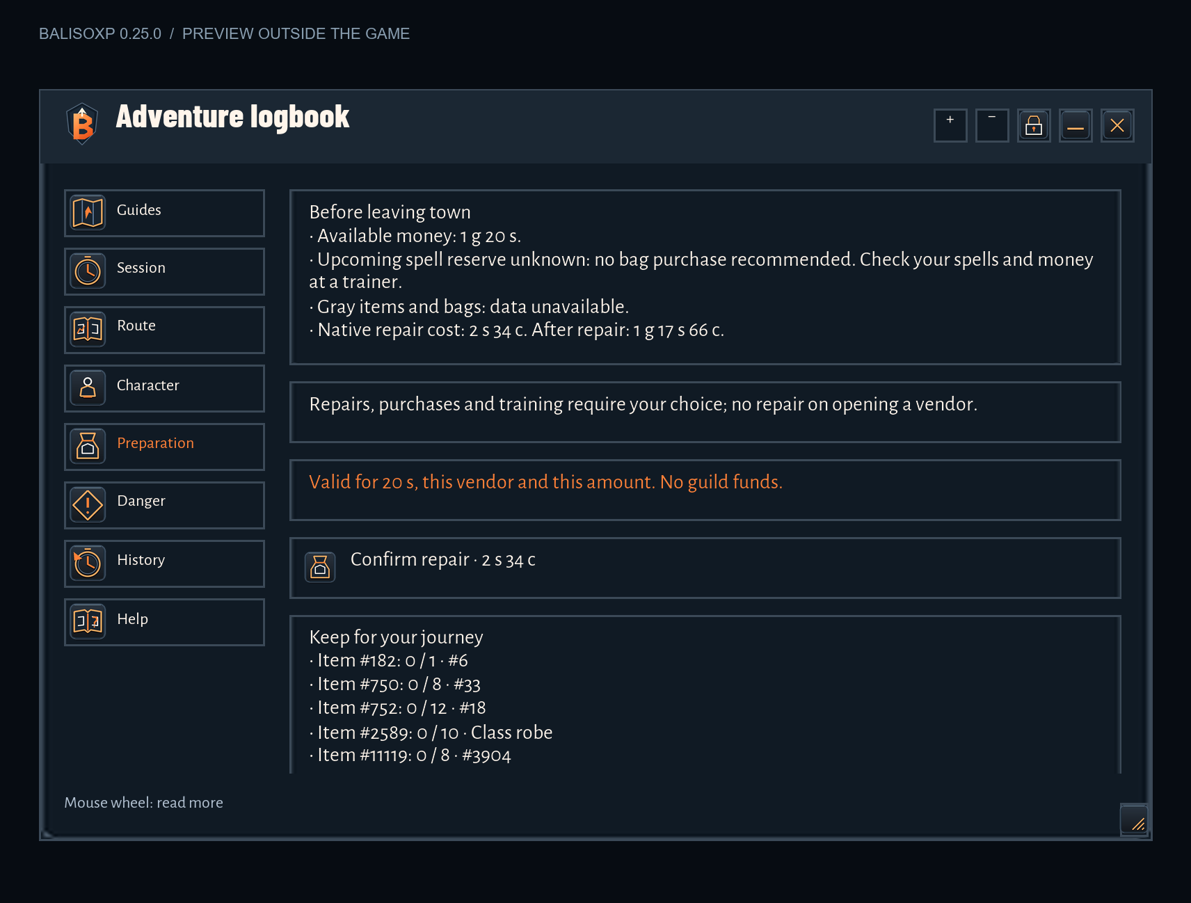 Town summary and native repair quote, preview rendered outside the game