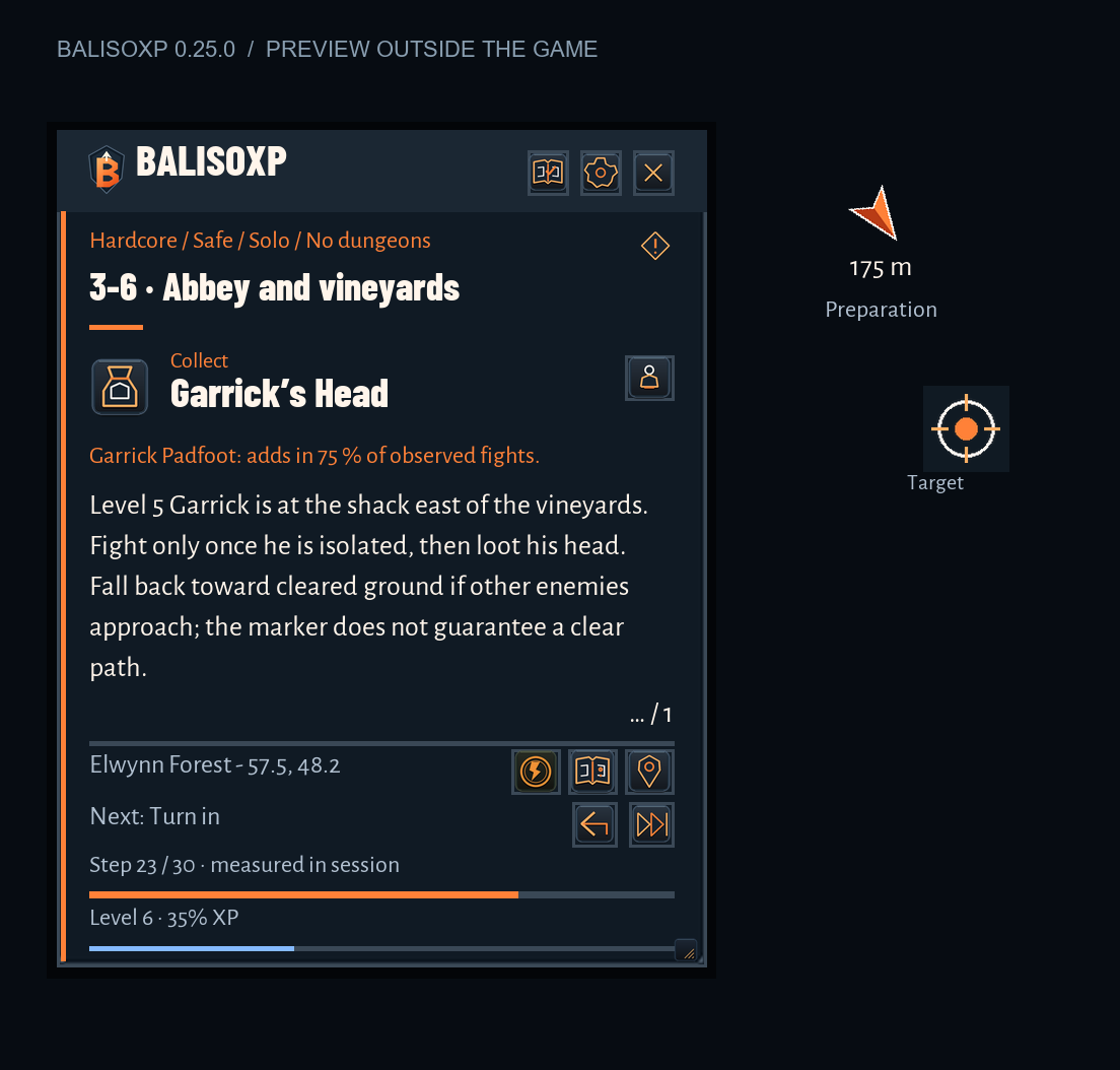 BalisoXP 0.25.0 Alpha panel: preparing for Garrick’s quest. Preview rendered outside the game.