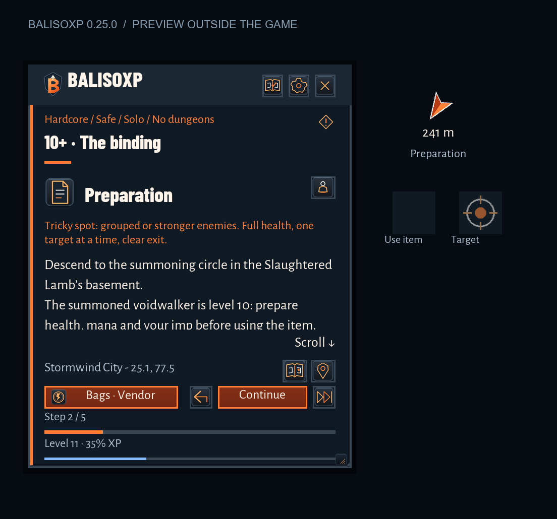 A prepared bag: BalisoXP 0.25.0 Alpha preview rendered outside the game