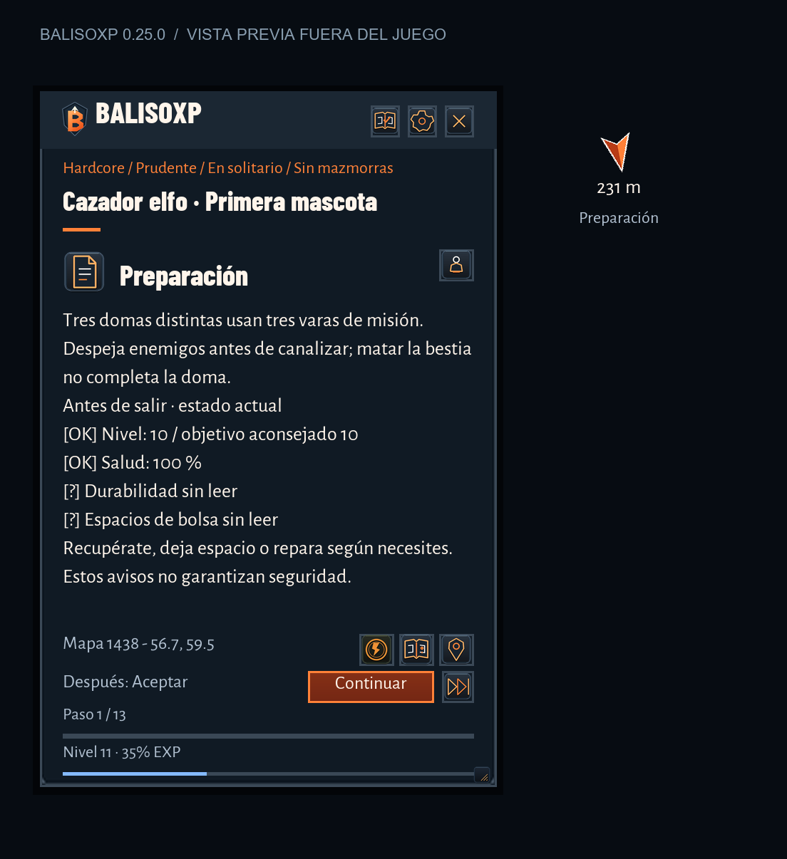 Módulo de domesticación del cazador elfo de la noche, versión 0.25 Alpha simulada fuera del juego