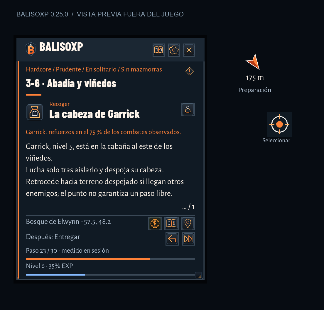 Panel de BalisoXP 0.25.0 Alpha: preparación para la misión de Garrick. Vista previa generada fuera del juego.