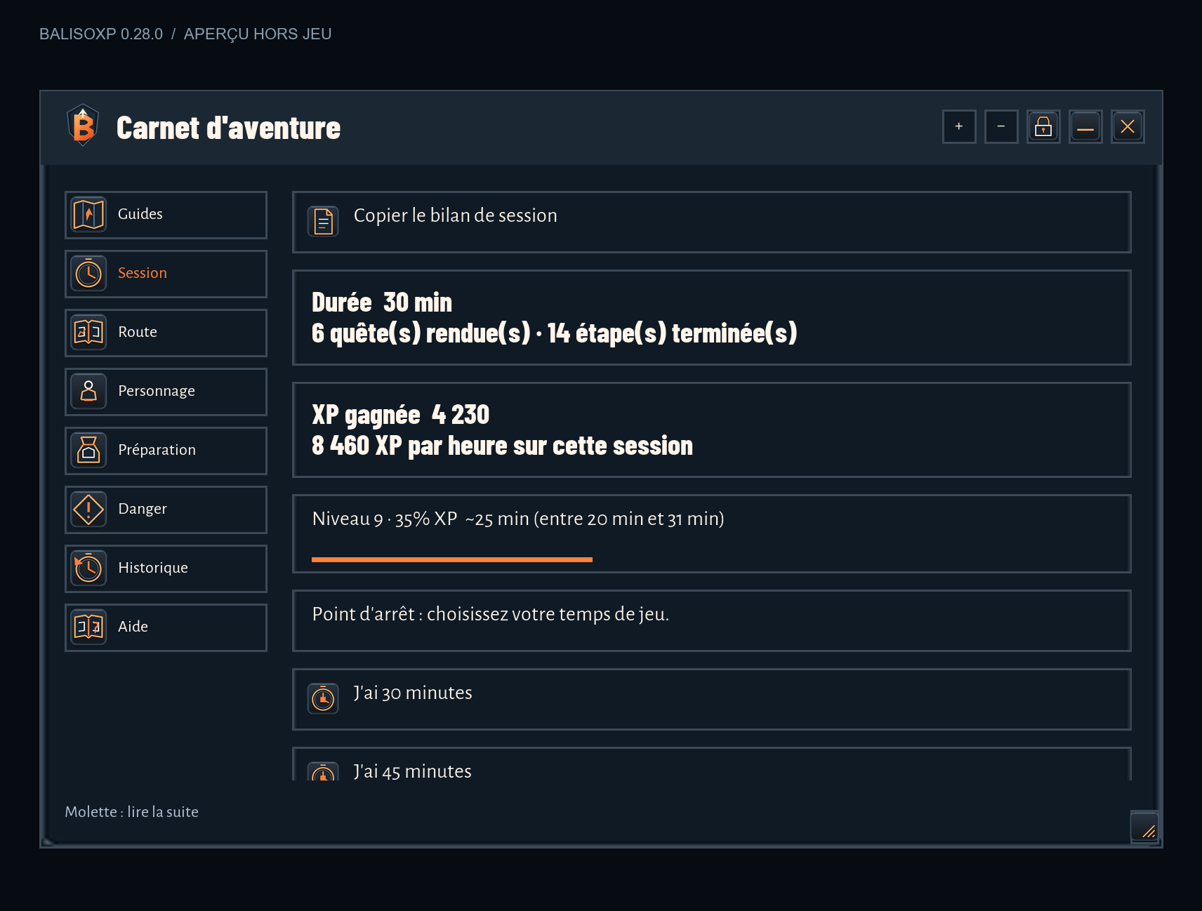 Votre rythme : aperçu BalisoXP 0.28.0 Beta hors jeu