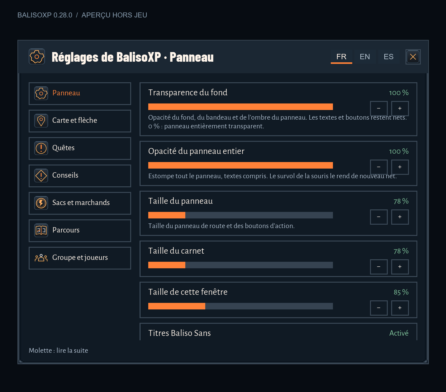 Votre espace : aperçu BalisoXP 0.28.0 Beta hors jeu