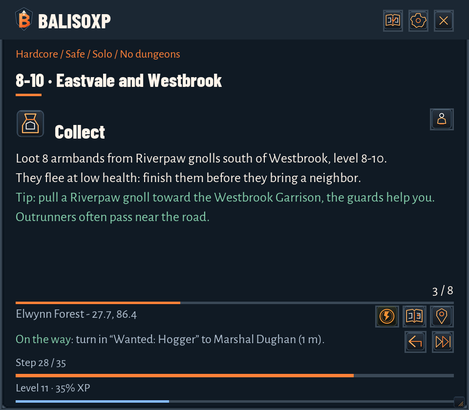BalisoXP 0.28 panel in English: current route step, green field tip and On the way reminder for a nearby completed quest.