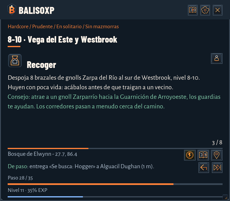 Panel de BalisoXP 0.28 en español: paso actual de la ruta, consejo de campo en verde y recordatorio De paso para una misión completada cercana.